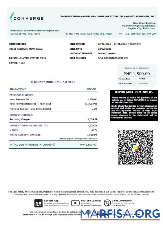 Downloadable Philippines Converge utility bill template in Word and PDF formats